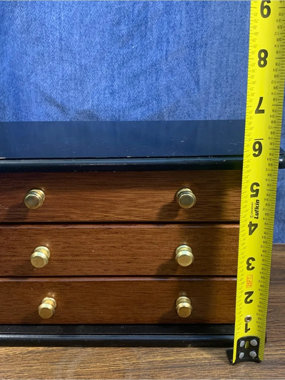 Brown/Black Wood Jewelry Box w/ Mirror, 2 Drawer ~ Pull Up Top Velvet Lined